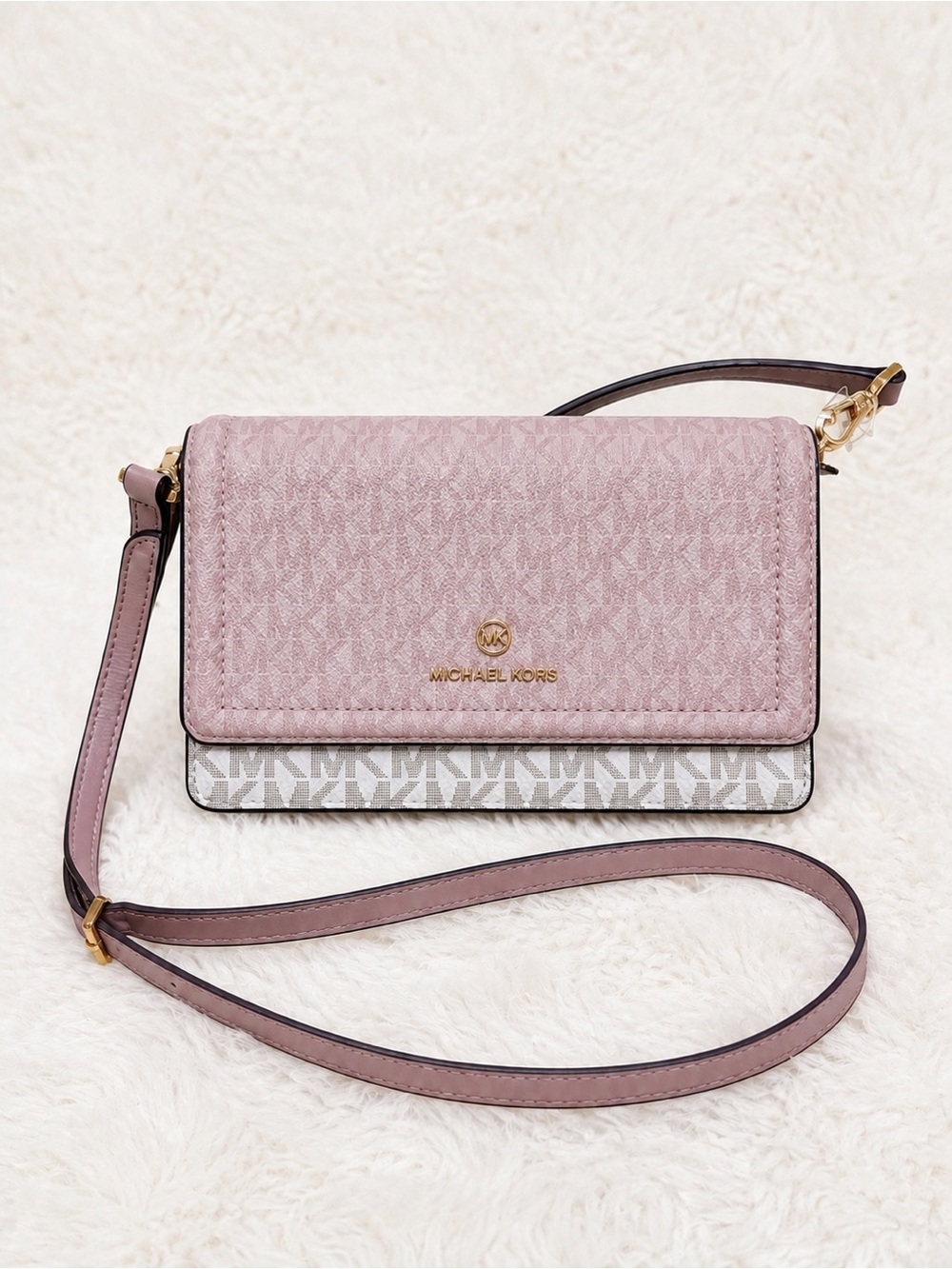 Michael Kors Dusty Pink and White Signature Crossbody Wallet